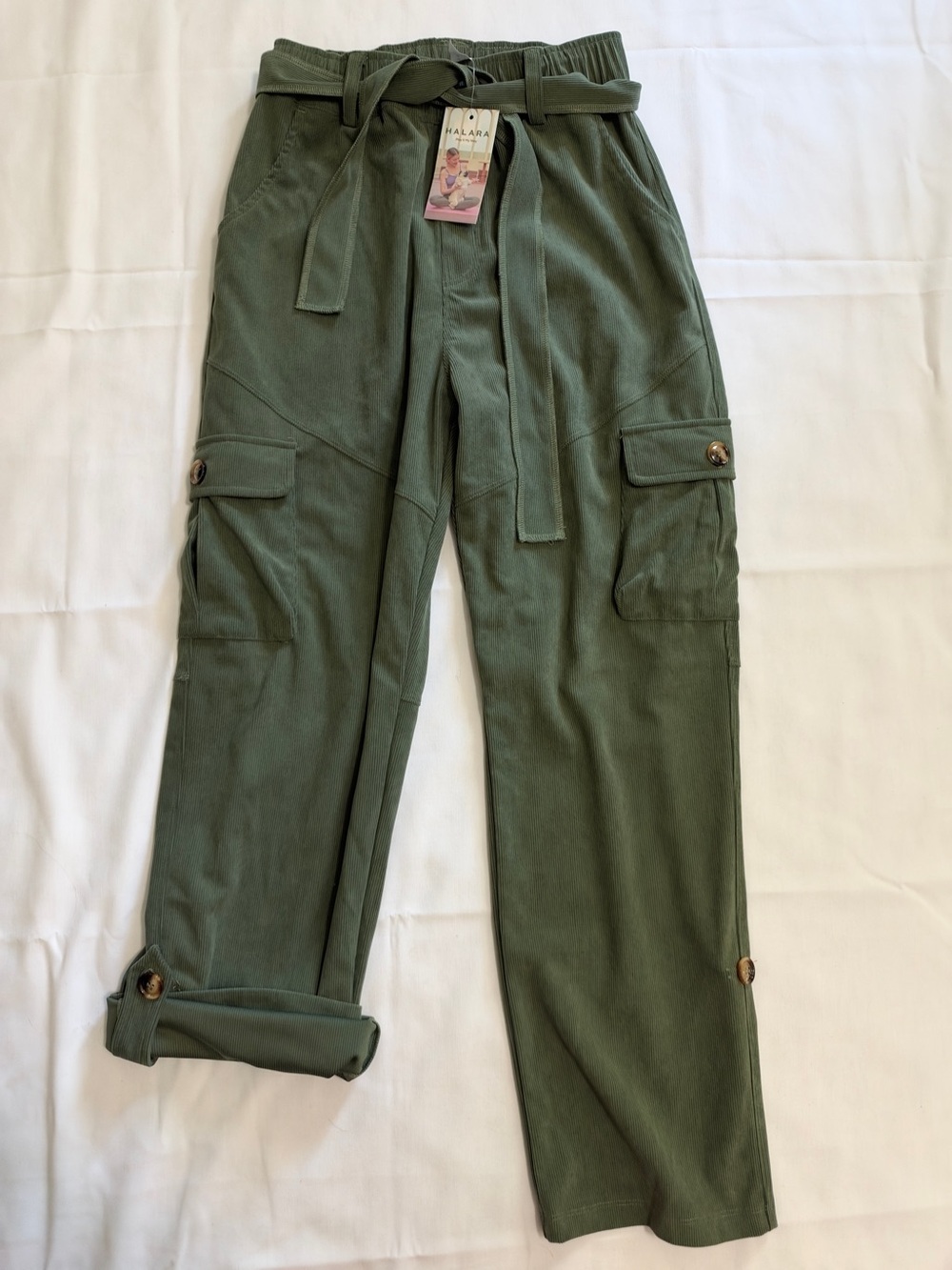 NWT Halara Corduroy Cargo Pants with Tie Waist Button Roll Up Convertible Olive